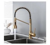 Brass Brushed Gold Kitchen Faucet LED Light American Spring Swivel Hot and Cold Mixer Tap with 2 Hoses,Kitchen Sink Faucet