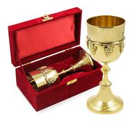 Brass Chalice Goblet with Intricate Grape Detailing & Red Velvet Box Gold-Toned Communion Cup for Church Mass, Religious Ceremonies, Christian Eucharist, Holy Rituals