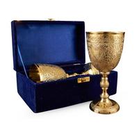 Brass Chalice Goblet with Velvet Box - Handcrafted Design Decorative Wine Cups for Home Décor, Dining, Display & Gifting - Vintage Style Golden Goblet Set