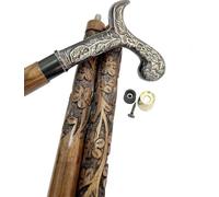 Brass DesignerHead Handle 3 Wooden Part Cane Walking Stick Gift for Men & Women Free Extra Bottom Rubber with This Stylish and Unique Carved Walking Stick