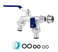 Brass Double Garden Tap with Connector, 1/2 Inch Inlet and Two 3/4 Inch Outlet Outside Taps Hose Fitting Garden Kit for Outside Double Outlet Outdoor Brass Tap(Blue)