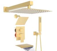 Brass Dual Shower Heads System with Tub Spout, Wall Mount 12 Inch Shower Head with 6 Inch Wall Mount Shower Head Shower Faucet Set, Brushed Gold