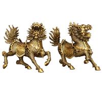 Brass Feng Shui Myth Dragon Head Kylin Qilin Chi-lin Beast Statue Pair (Runing, 20" H x 24" L x 8" W)