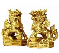 Brass Feng Shui Myth Dragon Head Kylin Qilin Chi-lin Beast Statue Pair (Seat 8 Diagrams, 7.2" H x 6.0" L x 5.1" W 6.6lb)