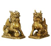 Brass Feng Shui Myth Dragon Head Kylin Qilin Chi-lin Beast Statue Pair (Seat Cloud, 4.8" H x 4.8" L x 2.6" W 2.6lb)