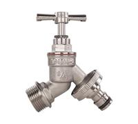 Brass Garden Bib Tap 3/4 Inch BSP Male - Nickel Plated Outdoor Tap with Click Lock Quick Connect Snap On Outlet - Smooth Turn Handle Water Flow Control for Hose, Sprinkler, Spray Gun and Irrigation