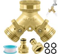 Brass Garden Hose Splitter 2 Way with Individual On/Off Valve & Two Quick Connector, Garden Tap Splitter Y-Shape Irrigation Fitting, 3/4 Inch Double Outlet Faucet Distributor for Kitchen Outdoor Lawn