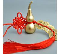 Brass Gourd Feng Shui Ornament, Handmade Chinese Knot Car Hanging Decor with Five Ancient Copper for Good Luck, Wealth and Protection, Small
