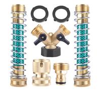 Brass Hose Splitter 2 Way Heavy Duty, 3/4 Inch Garden Hose Y Connector with 2 Pcs Hose Protectors Kink Free Hose Extension, 1 Set Garden Hose Quick Connectors, and 2 Rubber Gasket O-Rings