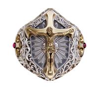 Brass Jesus Christ Cross 925 Sterling Silver Shield Ring TA451A Open UK Size P½~Z5 (UK V½ (64.6mm))
