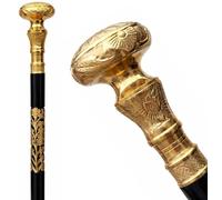 Brass Knob Handle Walk Stick Golden finish Ornate Black Shaft with Floral Engravings Victorian Style Canes Gifts for Women, Grandmother, Unisex