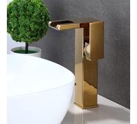 Brass LED Waterfall Bathroom Basin Faucet Set Cold Water Mixer Crane Sink Tap Color Change Powered by Water Flow Faucets(Golden B)