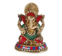 Brass Lord Ganesha Bhagwan with Large Ears Mangalkari Ganesh Idol Ganpati Murti Statue Home Office Entrance Decor Pooja in Multicolor Stone Work Height 6.5 Inch