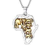 Brass Map of Africa Elephant Pendant Necklace with 18 inch Rolo Chain Women Men Unisex Fashion Jewelry,