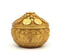 Brass Ornate Treasure Basin Metal Bowl Vessel with Embossed Discs and Solid Brass Antique Tone with Open and Covered, 4 Inch, Toad Treasure Basin with Lid, Sand Gold