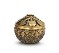Brass Ornate Treasure Basin Metal Bowl Vessel with Embossed Discs and Solid Brass Antique Tone with Open and Covered, 4 Inch, Toad Treasure Basin with Lid, Antique Finish