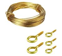 Brass Picture Hanging Wire Cable Cord 3 Meters 20pcs Eye Screw Hooks 19mm Brass Plated Hook Eye Bolts Screw-in Hooks with Wall Picture Hanger Wire Kit for Hanging Pictures Photo Frame.