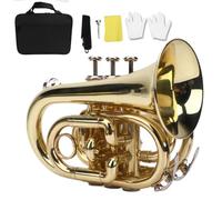 Brass Pocket Trumpet Kit, Bb Trumpet with 7C Mouthpiece with Carry Bag Strap Cleaning Cloth Gloves for Students and Beginners
