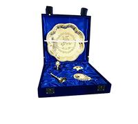 Brass Pooja Plate thali Set Indian swastik shubh labh for Diwali Pooja Home Temple Mandir Navratri Puja thali Set of 5 pcs Housewarming Thanksgiving Gift Blue Box Heart - 8.5 inch