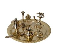 Brass Pooja Set 9 Items with Thali, Ganesh Murti, Om Symbol, Diya, Pooja Bell, Loti, Kunjo, Spoon & Incense Stand for Navratri, Diwali & Daily Puja Rituals