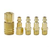 Brass Quick Coupler Set, 5-Piece 1/4" NPT Air Hose Connector Kit for Compressor - Male & Female Thread, Solid Brass Construction, Golden Finish