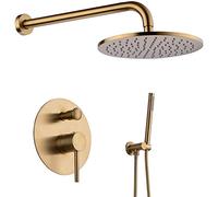 Brass Round Bathroom Luxury Rain Mixer Combo Wall Mounted Rainfall Head System, Brushed Gold Shower Set (10 Inch)