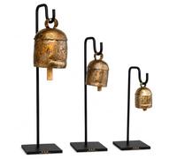 Brass Rustic Chritmas Bell Harmony Cow bells with Black Metal Stands, Set of 3 Vintage Gold Antique Finish Hanging Iron Bells for Living Room Shelf Styling (Copper Bell on Stand (8h,10h,12h Inch)