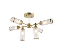 Loops Brass Semi Flush 6 Bulb Ceiling Light - Ribbed Glass Shades & Frosted Diffusers in Clear Loops Clear