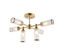 Loops Brass Semi Flush 6 Bulb Ceiling Light - Ribbed Glass Shades & Frosted Diffusers in Clear Loops Clear