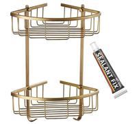 Brass Shower Caddy Bathroom Storage Baskets Antique Bronze Corner Shelves 2 Tier Shower Rack Rust Free Shampoo Holder Bath Tidy Organiser Accessories Wall Mounted Screw in