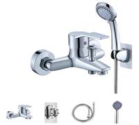 Brass Shower Mixer Tap Wall Mounted Bathroom Faucet Set with Stainless Steel Hose Dual Hot Cold Control Adjustable Covers Silver Gunmetal Finish(B)