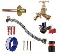 Brass Snap-On Bib Tap Outdoor Standard Tap Kit 3 with Black/Orange Hose Connector - Comes with Tee Valve, Flexi Hose, Bib Tap, Wall Plate, Screws, Wall Plugs & PTFE Tape for Outdoor Water Access