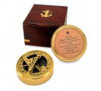 Brass Sundial Compass with Embossed Leather Case - Vintage Marine Navigational Collectible Gift (BRASS & BROWN WOOD BOX, HAPPY ANNIVERSARY)