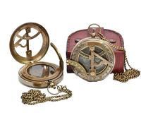 Brass Sundial Compass with Leather Case and Chain, Antique Design Push Open Compass, Handmade Sundial Clock, Unique Steampunk Accessory and Gift Idea for Loved Ones
