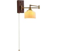 Brass Swinging Arm Wall Lamp, Vintage Pleated Glass Pull Chain Wall Sconce, Nordic Farmhouse Reading Light with Milk Glass & Wood Wall Mounted Design for Bedroom, Bedside, Living Room, Hotels