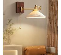 Brass Swinging Arm Wall Lamp, Vintage Pleated Glass Pull Chain Wall Sconce, Nordic Farmhouse Reading Light with Milk Glass & Wood Wall Mounted Design for Bedroom, Bedside, Living Room, Hotels