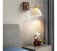 Brass Swinging Arm Wall Lamp, Vintage Pleated Glass Pull Chain Wall Sconce, Nordic Farmhouse Reading Light with Milk Glass & Wood Wall Mounted Design for Bedroom, Bedside, Living Room, Hotels