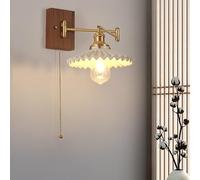 Brass Swinging Arm Wall Lamp Vintage Pleated Glass Pull Chain Wall Sconces Nordic Farmhouse Reading Light Milk Glass Wood Wall Mounted Light for Bedroom Bedside Living Room Hotels(Color:Dark col