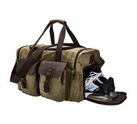 BRASS TACKS Leathercraft Men's Waxed Canvas Vintage Overnight Duffel Weekend Bag with Shoes Compartment (Khaki)
