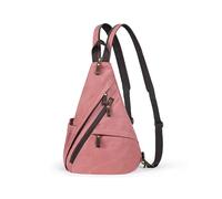 BRASS TACKS Leathercraft Vintage Canvas Sling Bag for Men and Women Crossbody Backpack Chest Bag with Genuine Leather Zipper, Casual Daypack for Outdoor Travel Cycling Hiking(Rose Red)