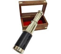 Brass Telescope 6" in Shiny Finish with Wooden Case Brass Ship Captain's Telescope Pirate Navigation (Black Leather)