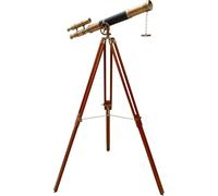 Brass Telescope Antique Finish Double Barrel Black Leather Coverd Tube W/Wooden Brown Tripod Floor Standing Royal Handmade Authentic Telescopic