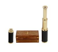 Brass Telescope Black Leather Mounted in Wooden Box, Telescope Size: 9" Box Size: 5.5x2.25x2