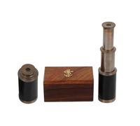 Brass Telescope Black Leather Mounted with Antique Finish and Wooden Box Telescope Size: 6" Box Size: 4x2.25x2