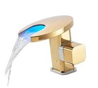 Brass Waterfall LED Bathroom Basin Faucet Cold Hot Mixer Crane Sink Tap Black Color Change Powered by Water Flow(LED Golden)