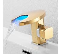 Brass Waterfall Led Bathroom Basin Faucet Cold Hot Mixer Crane Sink Tap Black Color Change Powered by Water Flow(LED Golden)
