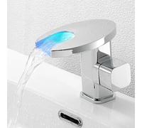 Brass Waterfall Led Bathroom Basin Faucet Cold Hot Mixer Crane Sink Tap Black Color Change Powered by Water Flow(LED Chrome)