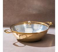 Brass Wok With a Lid, Kadhai, Nonstick Wok Pan with a Tin Coating, Non-Toxic Cookware with Ayurvedic Health Benefits, PFOA and PFAS Free (Glass Lid Flat Base)