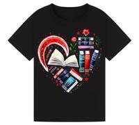 Bratatatmania Heart of Books - Cute Book Lover T-Shirt for Kids, Girls, Boys, Men & Women World Book Day & Library Gift for Bookworms Black S