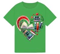 Bratatatmania Heart of Books - Cute Book Lover T-Shirt for Kids, Girls, Boys, Men & Women World Book Day & Library Gift for Bookworms Kelly Green 3-4Y